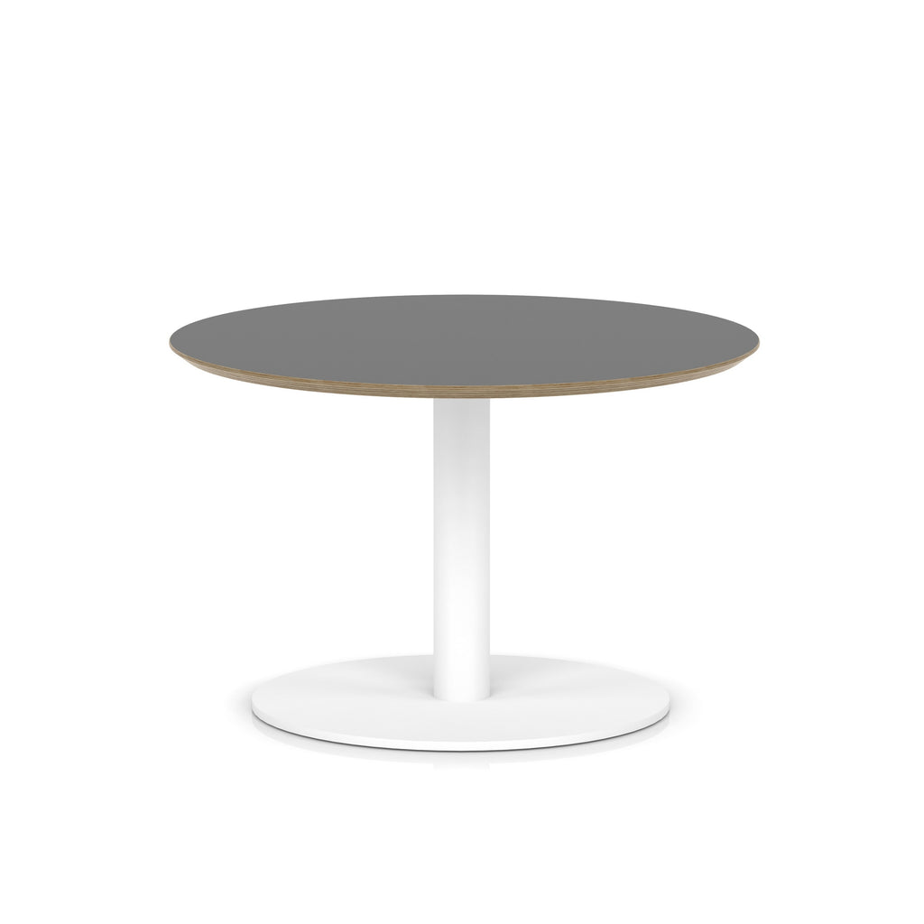 Round table with black top and white metal frame on a white background