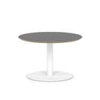 Round table with black top and white metal frame on a white background