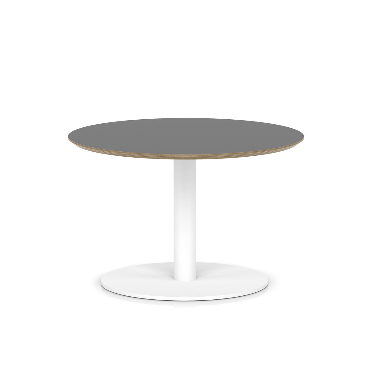 Round table with black top and white metal frame on a white background