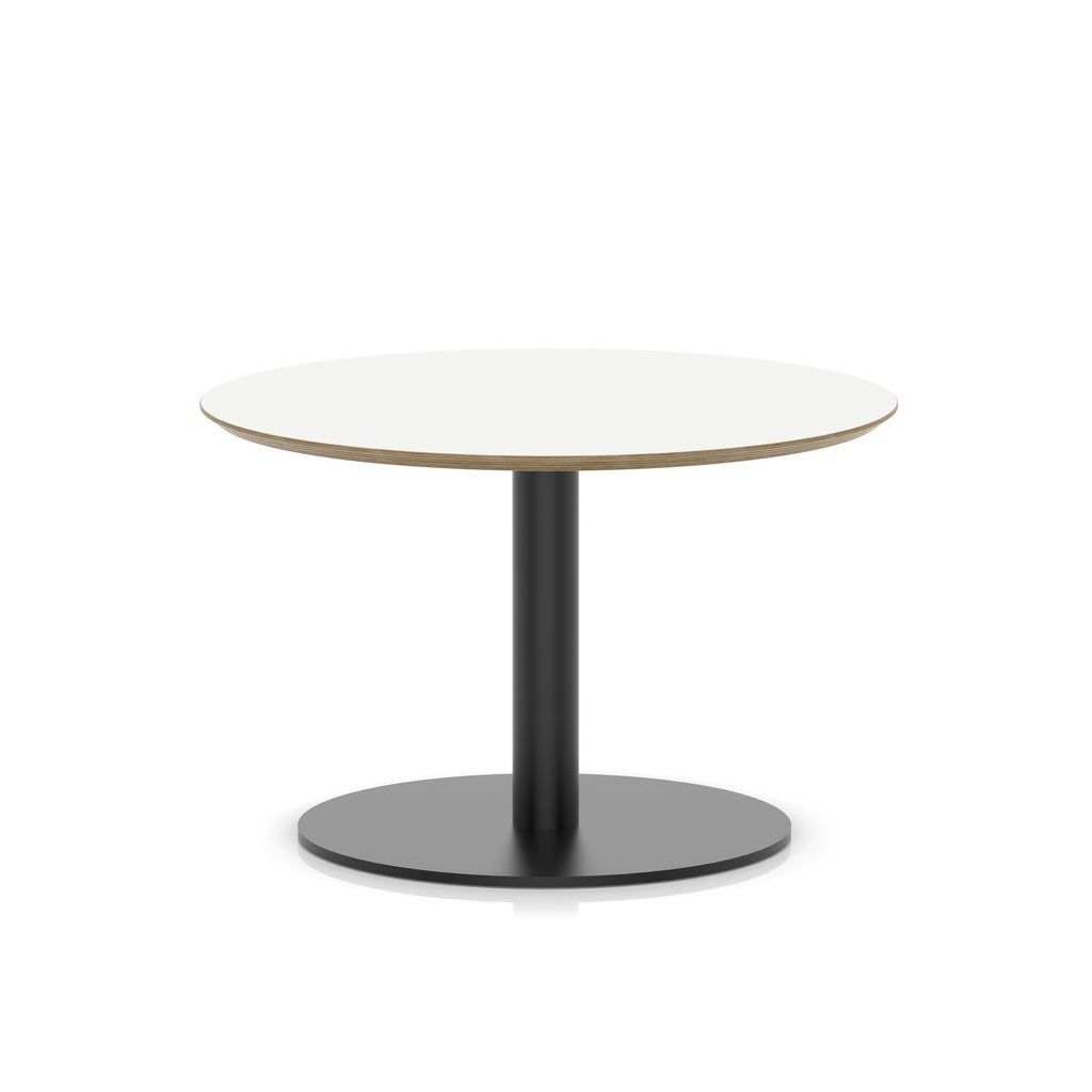 Round table with white top and black metal frame on a white background