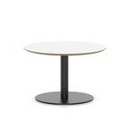 Round table with white top and black metal frame on a white background