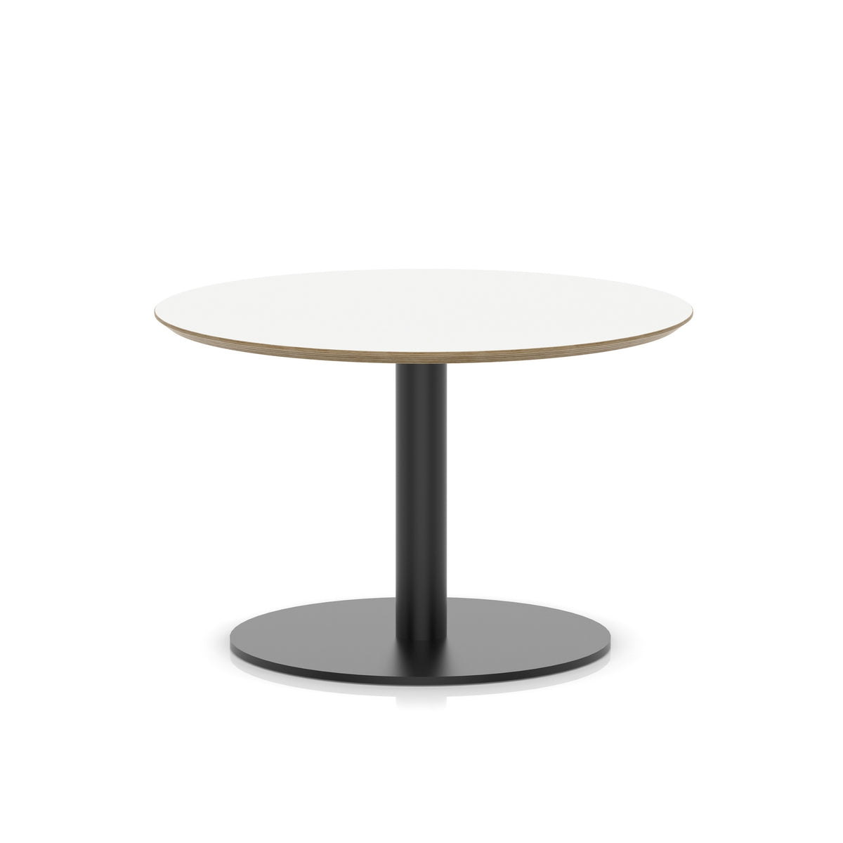 Round table with white top and black metal frame on a white background