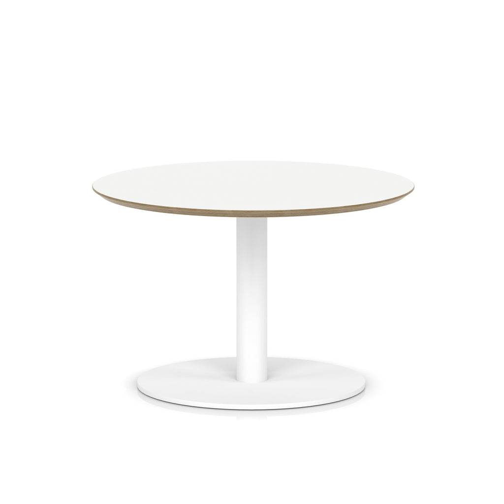 Small round white table with metal frame on a white background