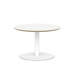 Small round white table with metal frame on a white background