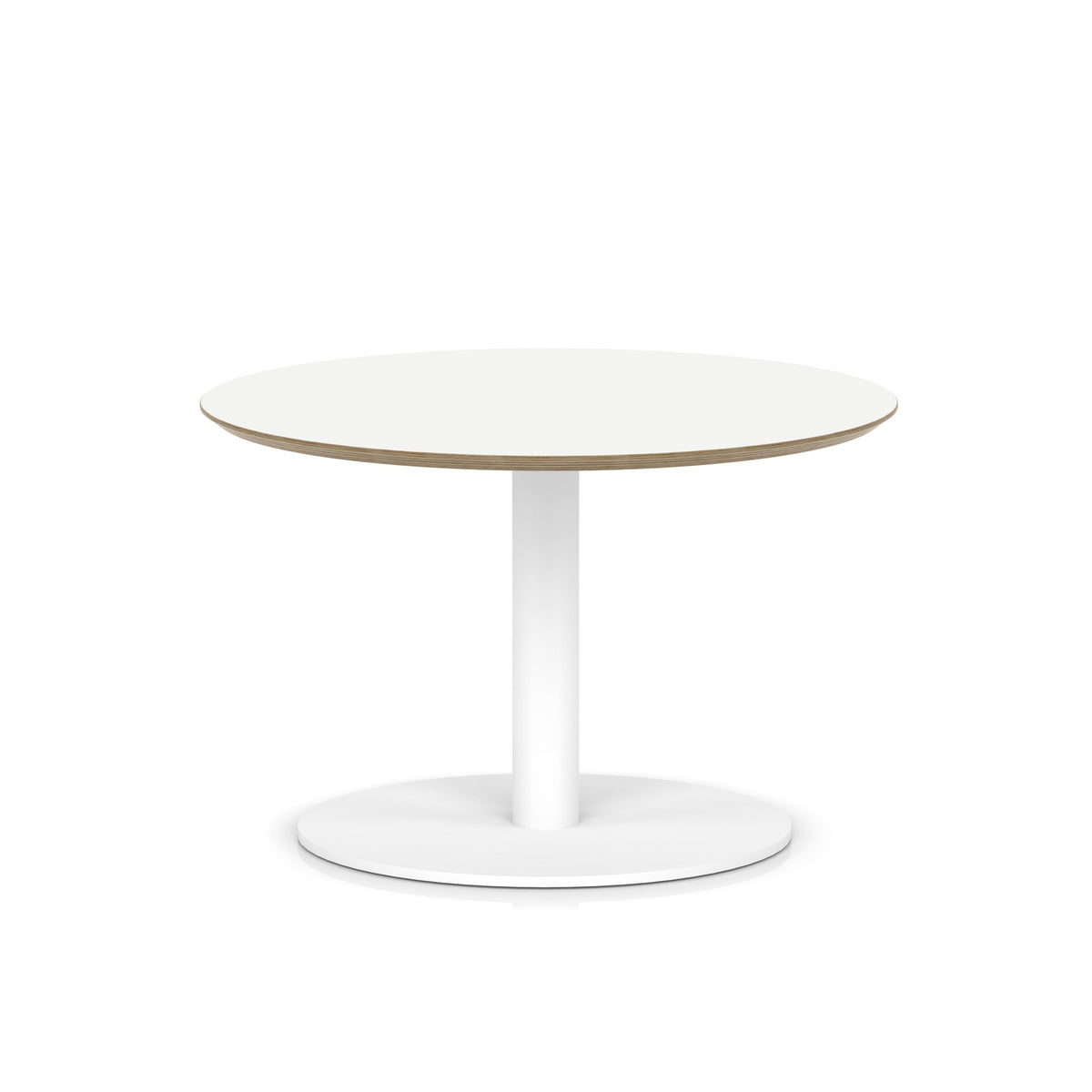 Small round white table with metal frame on a white background