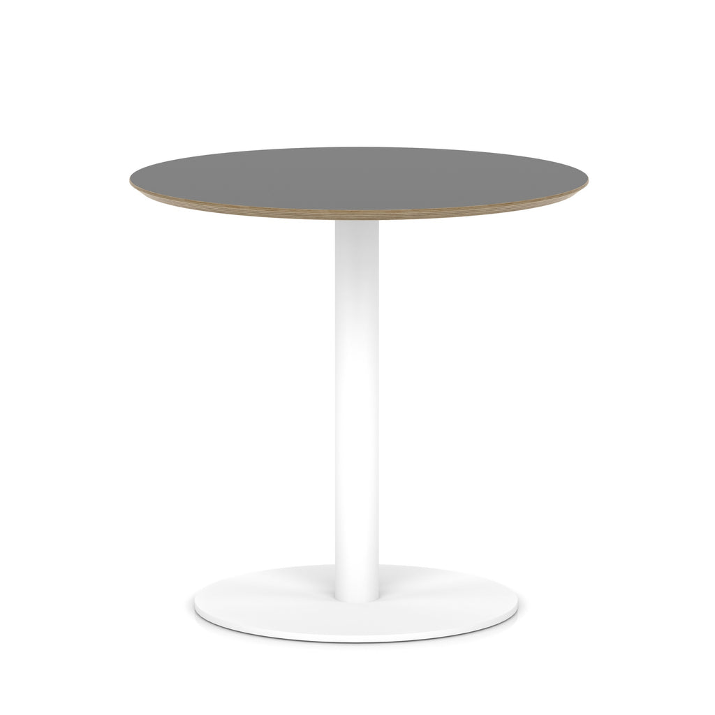 Round table with black top and white metal frame on a white background