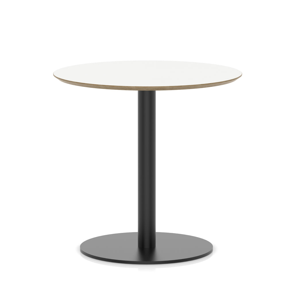 Round table with white top and black metal frame on a white background