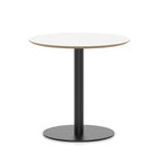 Round table with white top and black metal frame on a white background