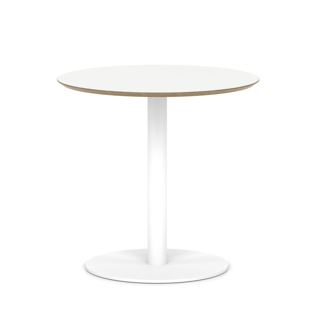 Small round white table with metal frame on a white background
