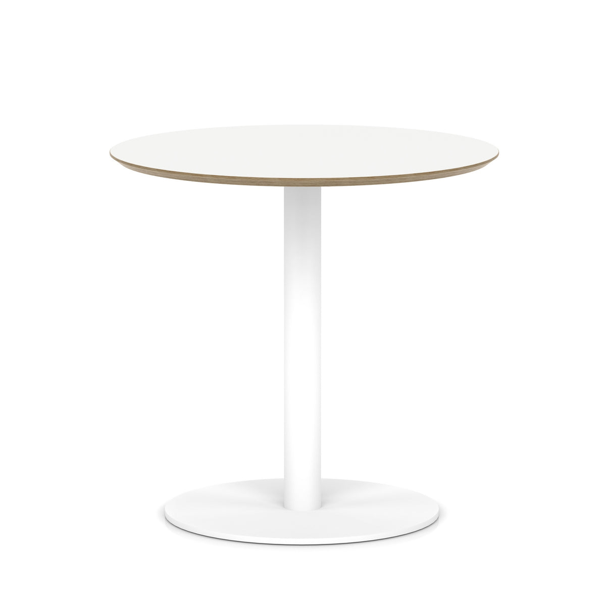 Small round white table with metal frame on a white background