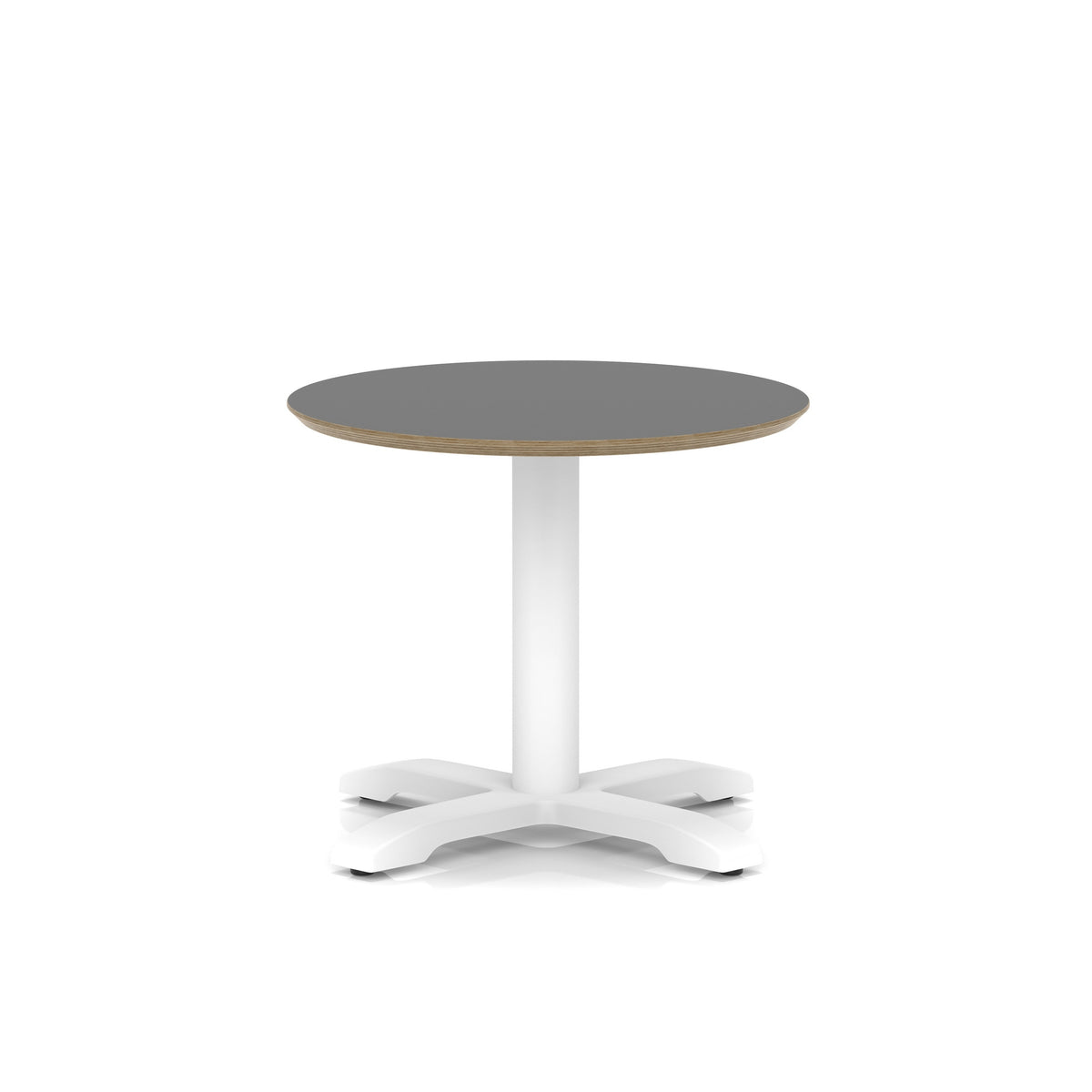 Small round table with black top and white metal frame on a white background