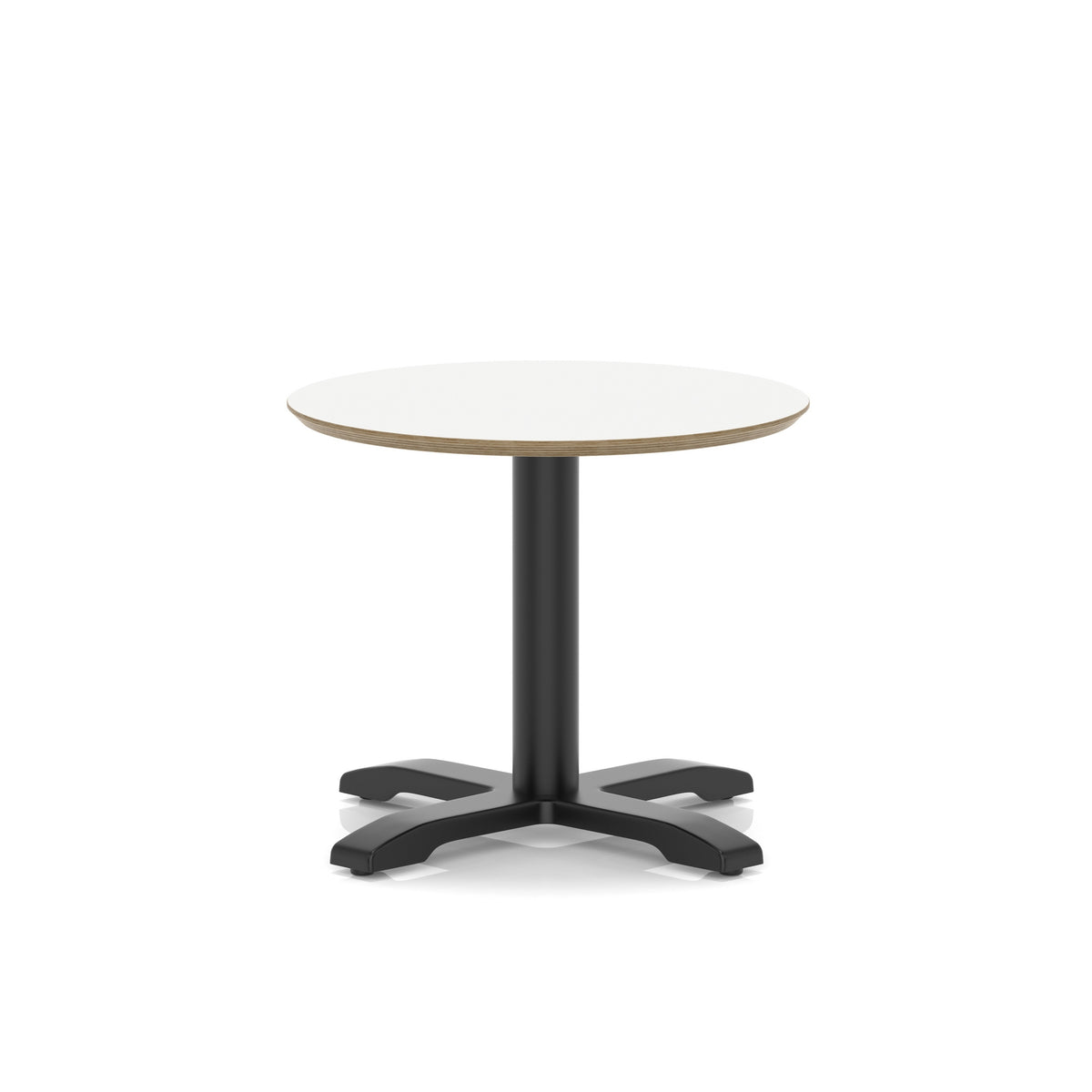 Small round table with white top and black metal frame on a white background
