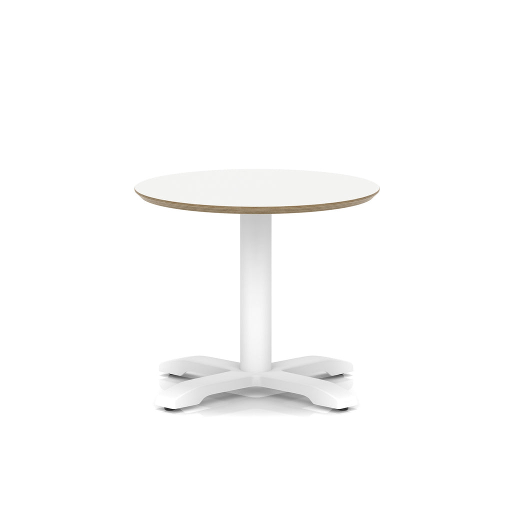 Small round white table with metal frame on a white background