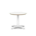 Small round white table with metal frame on a white background