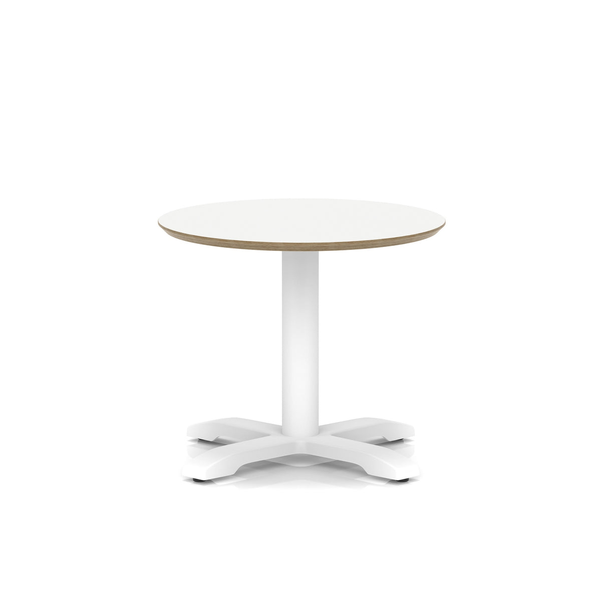 Small round white table with metal frame on a white background