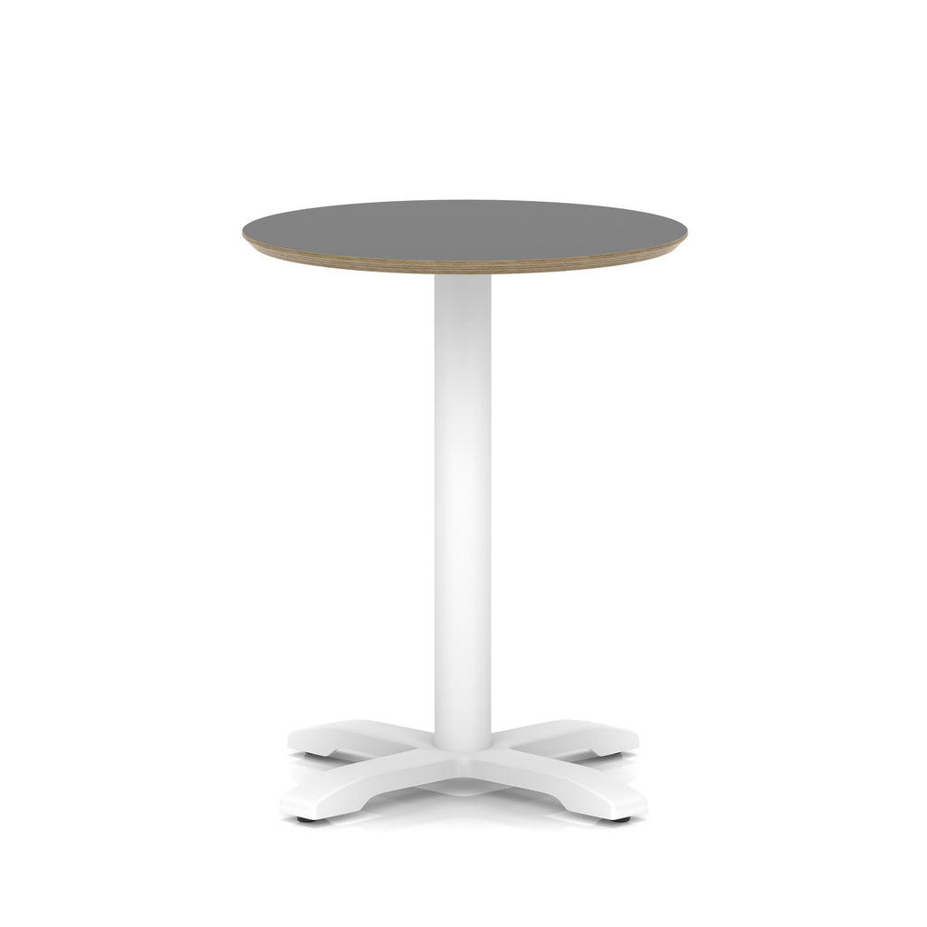 Round table with black top and white metal frame on a white background