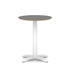 Round table with black top and white metal frame on a white background