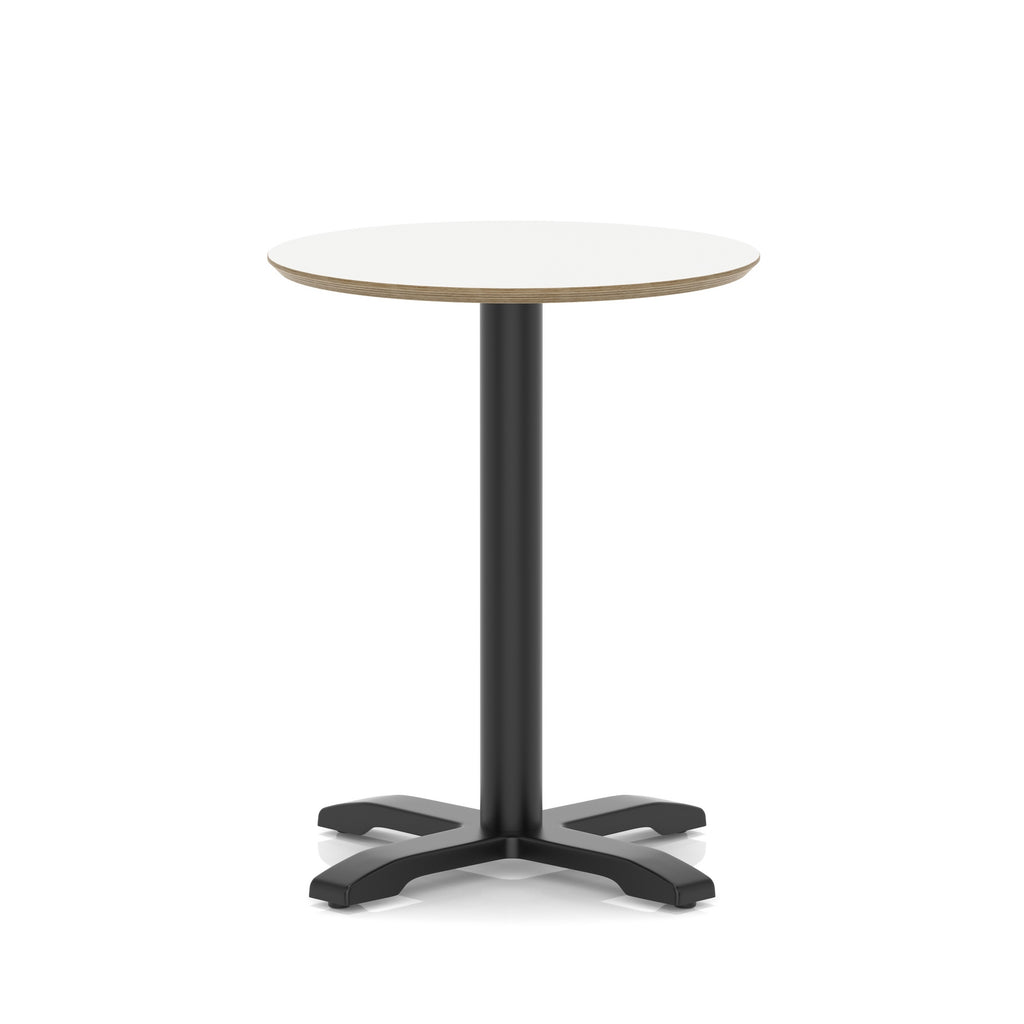 Round table with white top and black metal frame on a white background