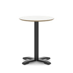 Round table with white top and black metal frame on a white background