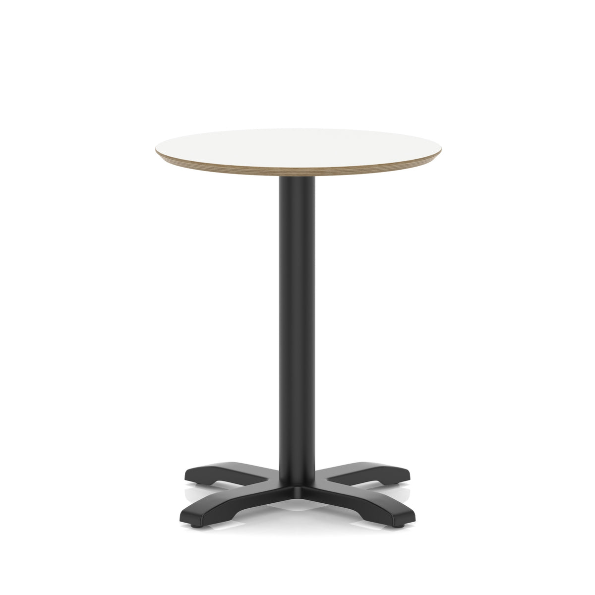 Round table with white top and black metal frame on a white background