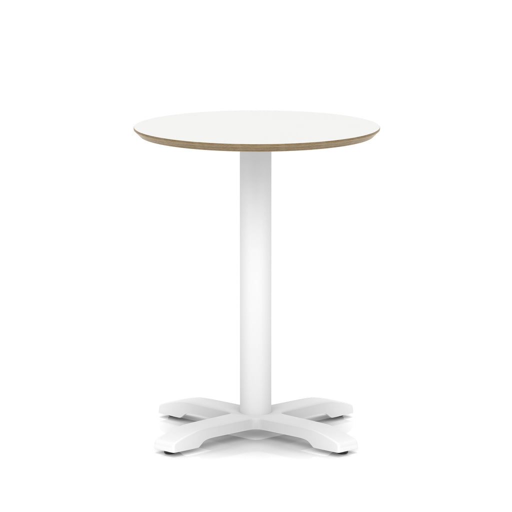 Round white table with metal frame on a white background
