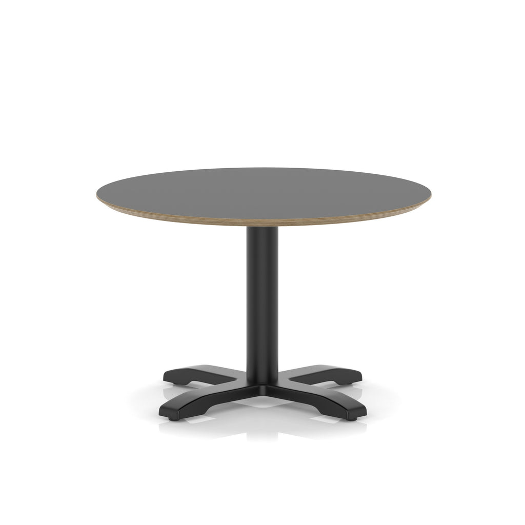 Round black table with metal frame on a white background