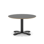 Round black table with metal frame on a white background