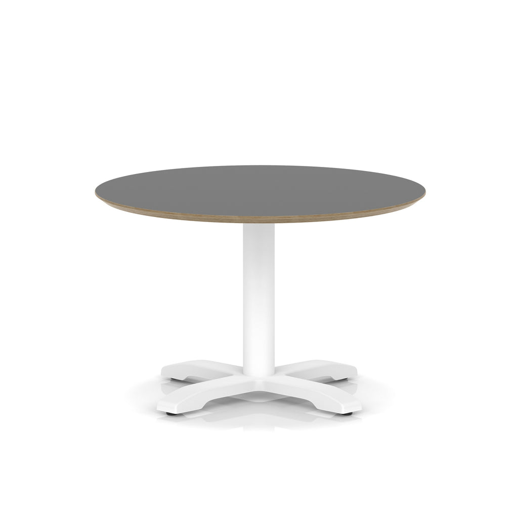 Round table with black top and white metal frame on a white background