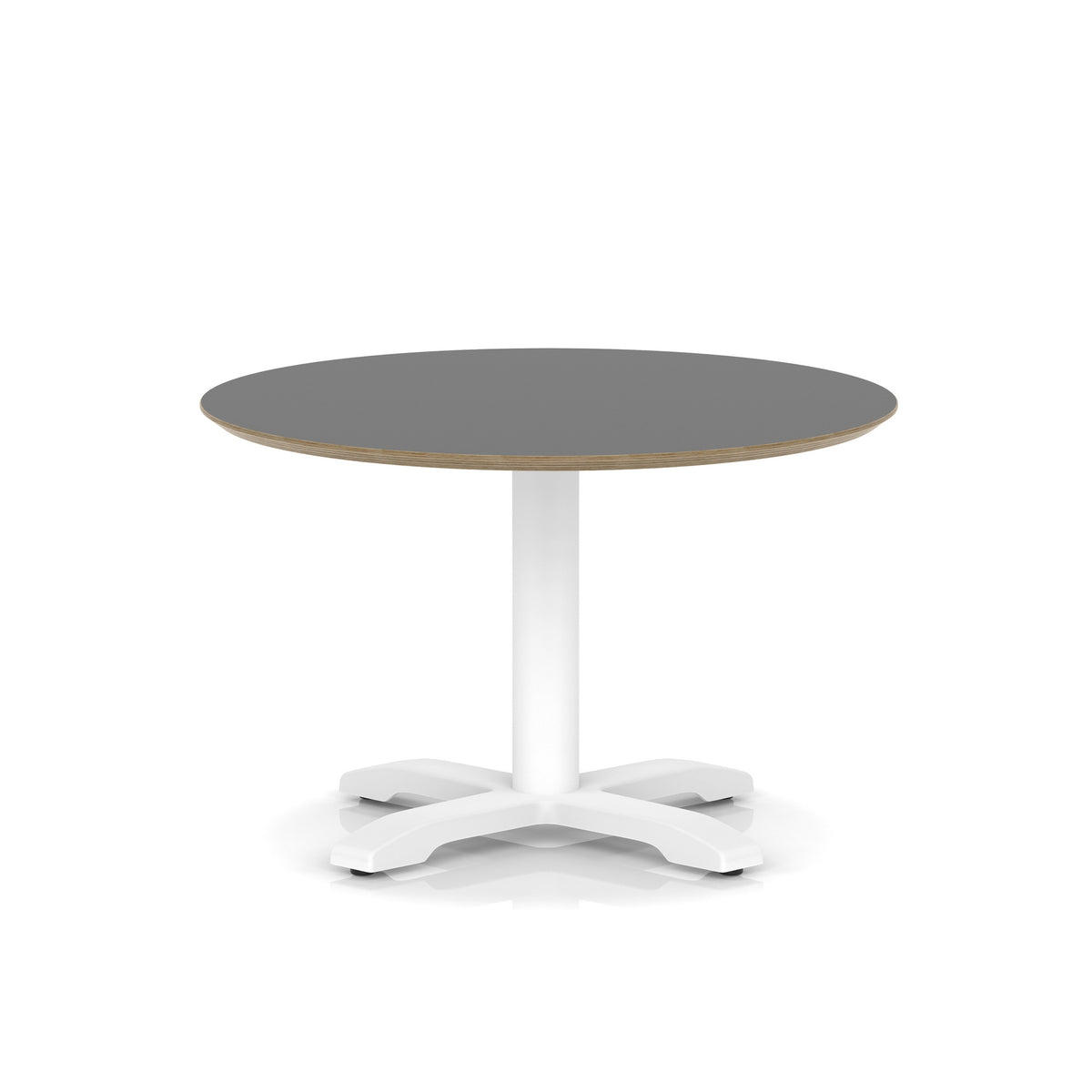 Round table with black top and white metal frame on a white background