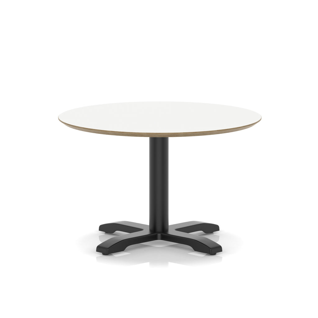 Round table with white top and black metal frame on a white background