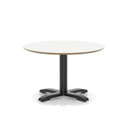 Round table with white top and black metal frame on a white background