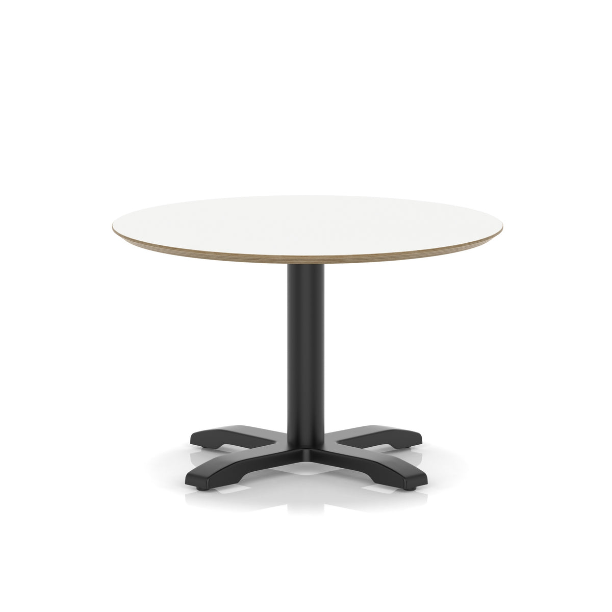 Round table with white top and black metal frame on a white background