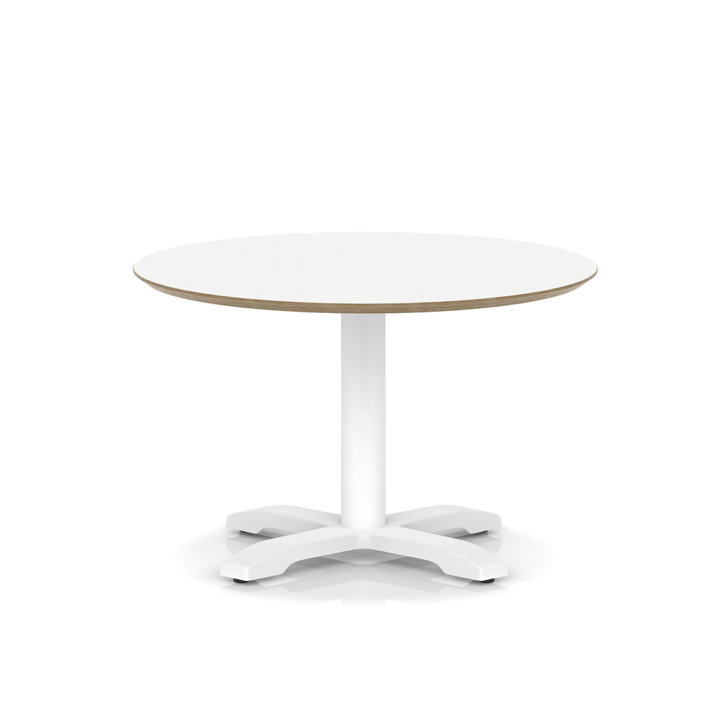 Round white table with metal frame on a white background