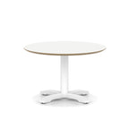 Round white table with metal frame on a white background