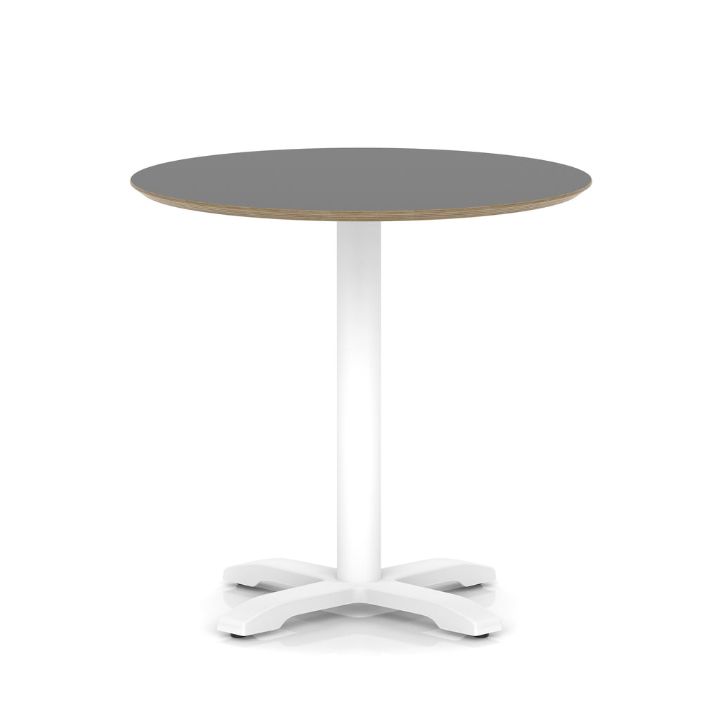 Round table with black top and white metal frame on a white background