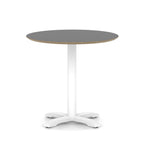 Round table with black top and white metal frame on a white background