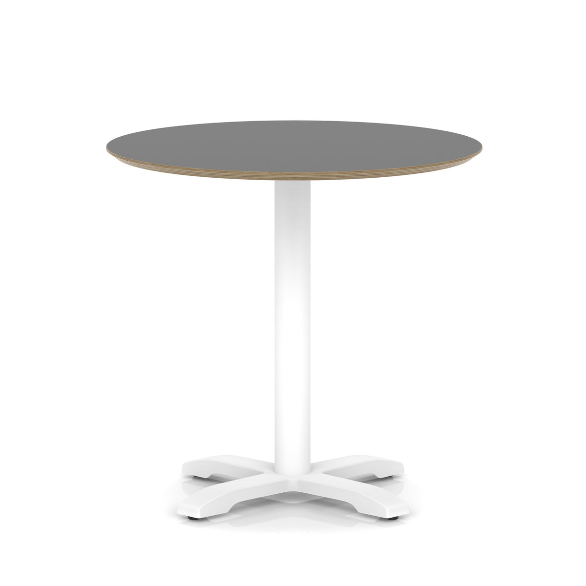Round table with black top and white metal frame on a white background