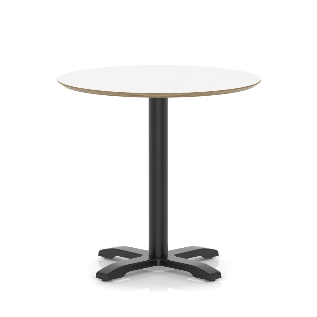 Round table with white top and black metal frame on a white background