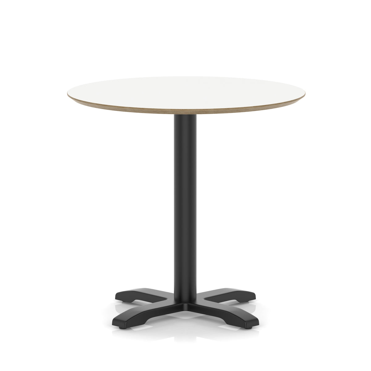 Round table with white top and black metal frame on a white background