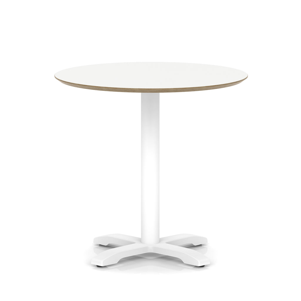 Round white table with metal frame on a white background