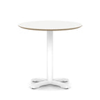 Round white table with metal frame on a white background