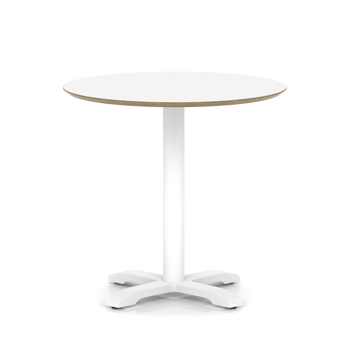 Round white table with metal frame on a white background