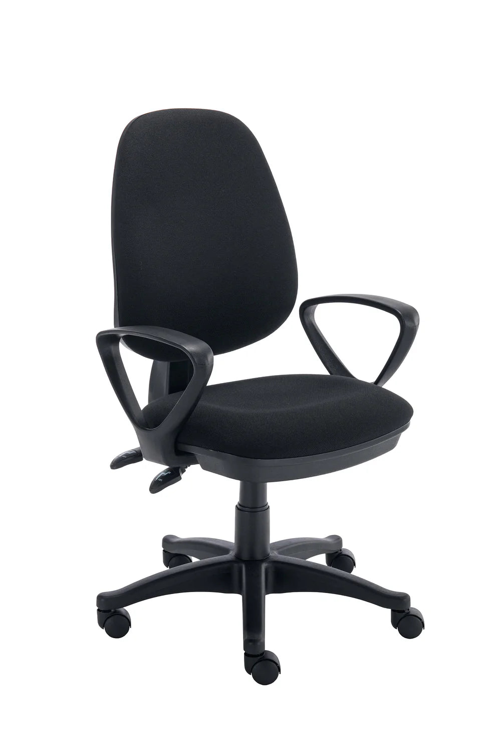 Black office chair with armrests on a white background