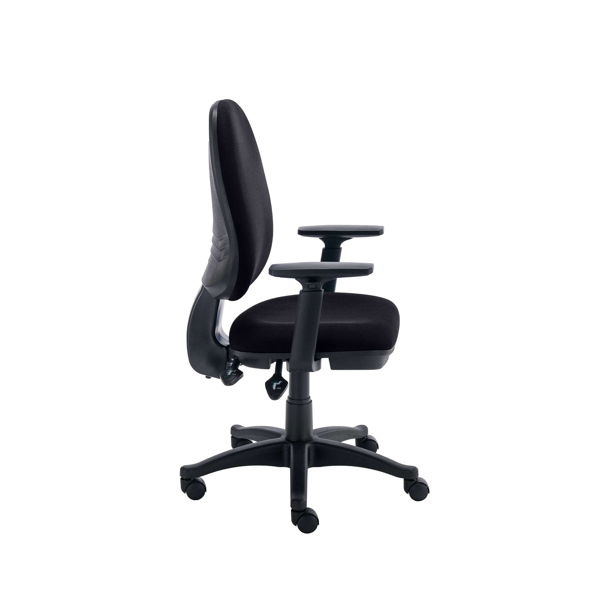 Black office chair with adjustable armrests on a white background