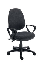 Charcoal office chair with armrests on a white background