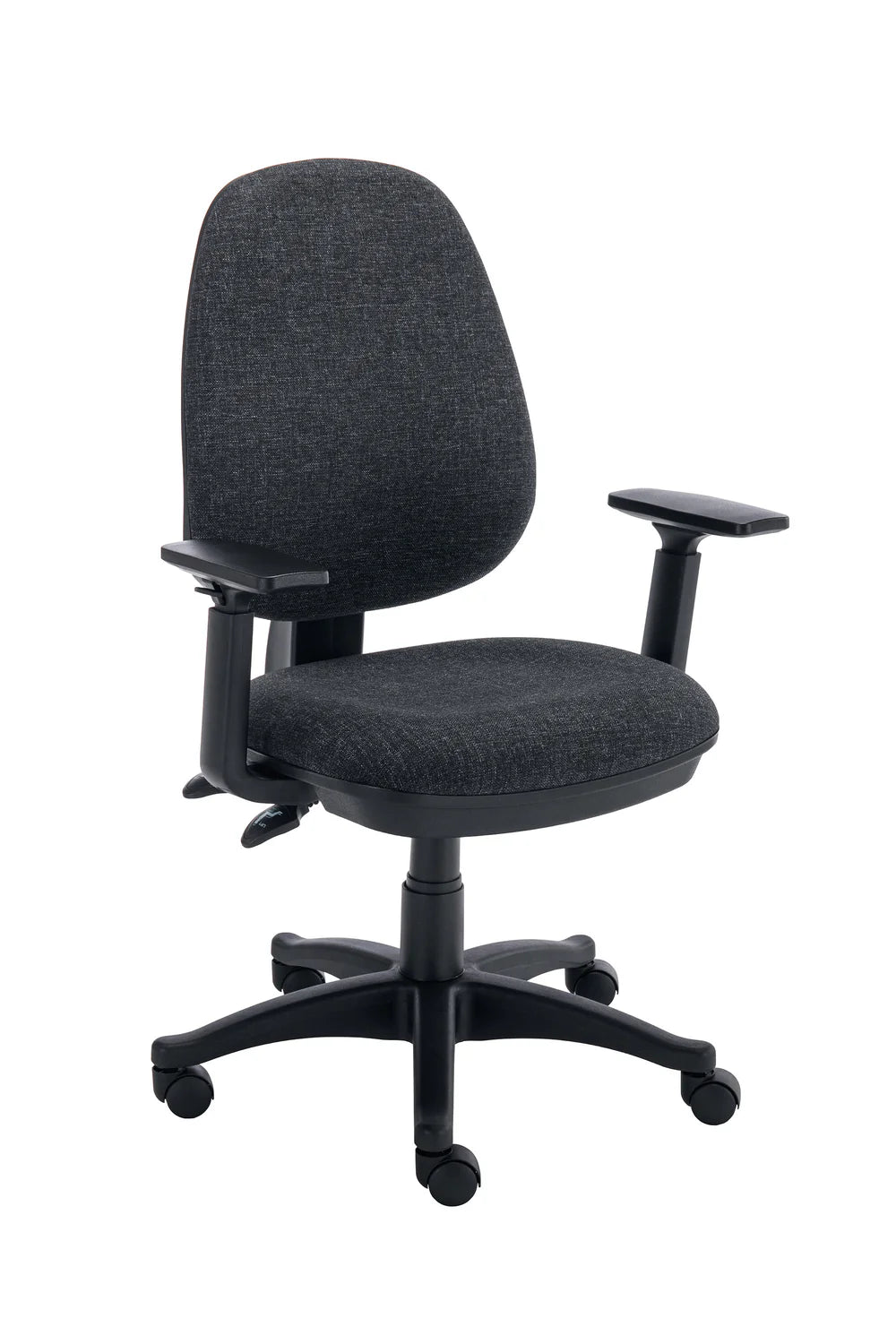 Charcoal office chair with adjustable arms on a white background