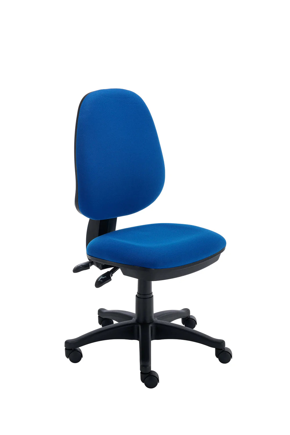 Blue office chair with black base on a white background