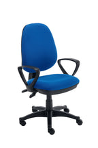Blue office chair with black frame and armrests on a white background