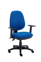 Blue office chair with black base and with adjustable arms on a white background