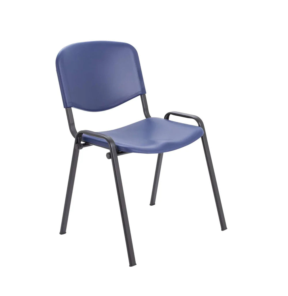 Blue polypropylene chair with black frame on a white background
